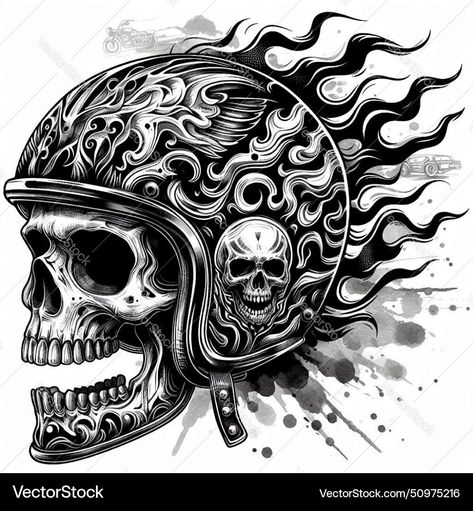 Motorbike Helmet Tattoo, Motorcycle Helmet Tattoo, Helmet Vector, Skull Ideas, Helmet Tattoo, Skull Helmet, Harley Davidson Tattoos, Motorbike Helmet, Skull Tattoo Design