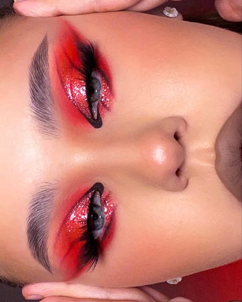 Dragon Makeup, Devil Makeup, Red Eye Makeup, Drag Make-up, Rhinestone Makeup, Graphic Makeup, Rave Makeup, Magical Makeup, Red Makeup