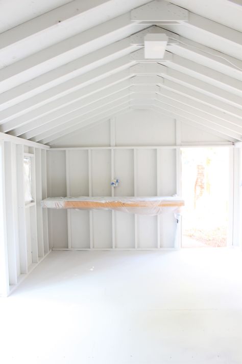 She Shed Decorating Ideas, She Shed Interior, Small Shed Plans, Garden Shed Interiors, Corner Sheds, Sherwin Williams Paint, Shed Makeover, Shed Office, Build Your Own Shed