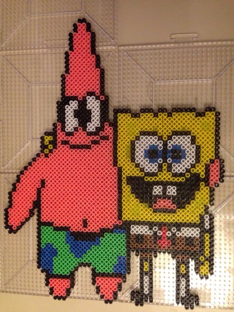 Spongebob and Patrick perler bead pattern Patrick Perler Bead Pattern, Pearler Bead Patterns Spongebob, Spongebob And Patrick Perler Beads, Patrick Perler Beads, Star Perler Bead Patterns, Spongebob Perler Beads, Star Perler, Fuse Beads Ideas, Beaded Belts Patterns