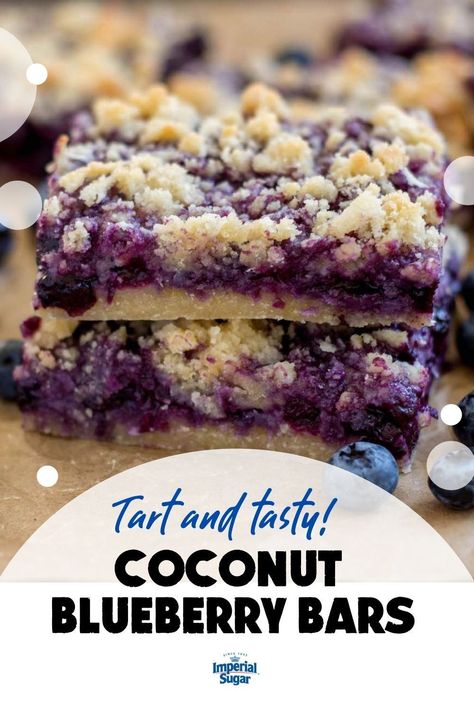 A shortbread-like crust is topped with a gooey blueberry coconut filling and a deliciously sweet crumble topping. For more fruit dessert recipes and ideas visit ImperialSugar.com and pin your favorites! Made this recipe? Show us! #imperialsugar #springdesserts Coconut Blueberry, Blueberry Filling, Lunchbox Recipes, Blueberry Bars, Coconut Filling, Most Popular Desserts, Fruit Dessert Recipes, Blueberry Desserts, Fruit Roll Ups