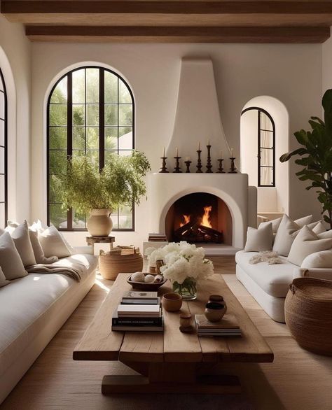 Italian Style Fireplace, Spanish Style Home Fireplace, Modern Medditerean Decor, Living Room Italian Style, Contemporary Spanish Interiors, Mantle Ideas Fireplace, Spanish Modern Living Room, Modern Spanish Living Room, Tuscan Living Room Ideas