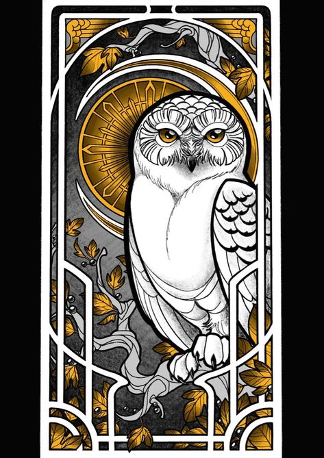 Owl Mural Art, Japanese Owl Art, Printmaking Designs, Fleurs Art Nouveau, Art Deco Tattoo, Art Nouveau Tattoo, Motifs Art Nouveau, Nouveau Tattoo, Illustration Art Nouveau