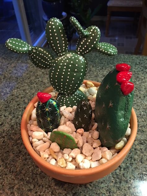 Cactus Rocks, Gourd Bowls, Painted Rock Cactus, Rock Cactus, Diy Cactus, Cactus Craft, Diy Rock Art, Cactus Diy, Stone Art Painting