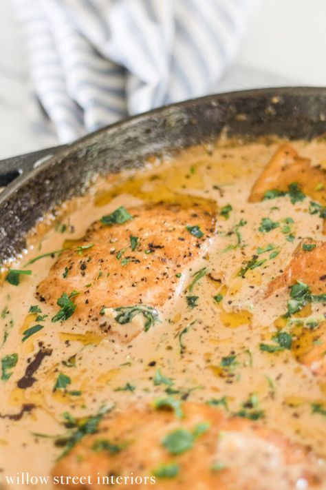 Crispy Salmon with Sherry Tomato Cream Sauce | Willow Street Interiors Sherry Wine Sauce, Sherry Cream Sauce Seafood, Cream Sherry Recipes, Salmon Pasta Red Sauce, Cooking Sherry Recipes, Sherry Cream Sauce, Sherry Sauce, Wife Cooking, Salmon With Cream Sauce