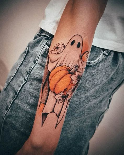 Cute Fall Tattoos, Halloween Tattoo Thigh, Halloween Leg Tattoos Women, Halloween Thigh Tattoo, Outcast Tattoo, Cute Jack O Lantern Tattoo, Autumn Tattoo Sleeve, Ghost Pumpkin Tattoo, Tattoo Ideas Female Halloween