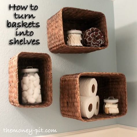 The Kim Six Fix: Turning Baskets into Shelves Diy Space Saving, Diy Space, Astuces Diy, Viria, Basket Shelves, Small Budget, Small Bathroom Decor, Bathroom Shelves, Diy Bathroom