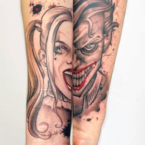 Joker Couple Tattoo, Gangster Couple Tattoos, Couple Tattoo Ideas Unique, Joker Harley Quinn Tattoo, Tattoo Harley Quinn, Joker And Harley Quinn Tattoo, Beauty And Beast Tattoo, Mrs Tattoo, Bite Tattoo