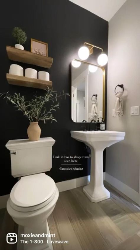 [Ad] Difficulty: Medium Paint - Sw Tricorn Black  Lighting Fixture  Mirror  Floating Shelves Find All Source Links Here: Https://Liketk.It/3Han7 #smallblackhalfbathroomideas Powder Room Ideas Elegant Modern, Black Half Bathroom, Sw Tricorn Black, Modern Half Bathroom, Powder Bathroom Ideas, Half Bathroom Design, Half Bathroom Ideas, Half Bath Decor, Small Half Bathroom