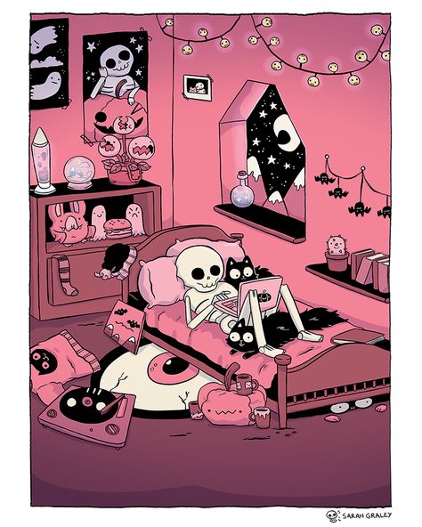 Here’s a new print that we’ll be debuting at MCM London this weekend! It’s a newly coloured version of my Skeleton Bedroom design, and we’ll have it available as an A3 card print! We’ll be at booth... Baba Jaga, Skeleton Art, Fantasy Illustration, Creepy Cute, Black Wallpaper, Halloween Art, Canvas Poster, Aesthetic Art, Cartoon Art