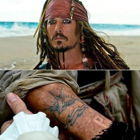 Jack Sparrow Tattoo, Tattoo Pirate, Sparrow Tattoo Design, White Sparrow, جوني ديب, Kaptan Jack Sparrow, Sparrow Tattoo, Pirate Tattoo, Movie Tattoo