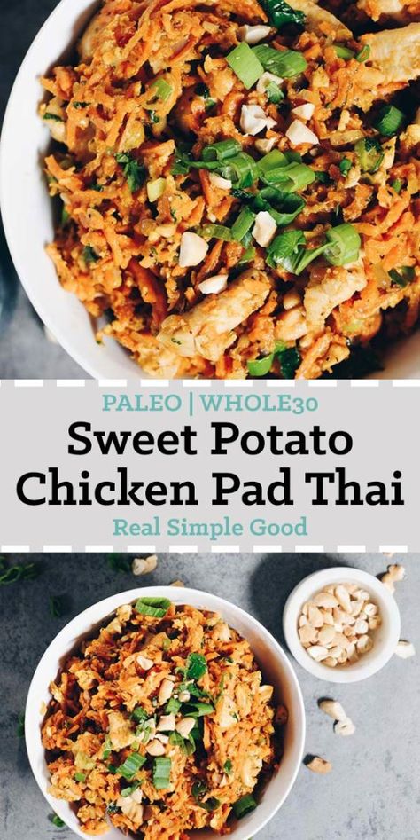 Our Paleo + Whole30 Sweet Potato Chicken Pad Thai has healthy sweet potato noodles, creamy cashew butter and coconut aminos. You'll love the cozy vibes. #paleo #whole30 #recipe | realsimplegood.com Whole30 Sweet Potato, Whole30 Recipe, Sweet Potato Chicken, Zucchini Pasta Recipes, Paleo Menu, Healthy Sweet Potato, Potato Chicken, Resep Pasta, Chicken Pad Thai