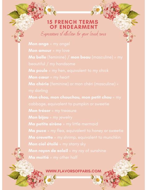 Impress your sweetheart with one of these French expressions of affection. Some of them might surprise you! French Terms Of Endearment Love, French Romantic Words, Love Letters In French, French Terms Of Endearment, French Endearment, French Terms, Words For Girlfriend, Patisserie Shop, French Sentences