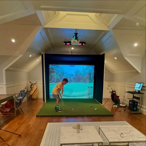 Instagram Golf Room Simulator, Golf Simulator Garden Room, Backyard Golf Simulator, Man Cave With Golf Simulator, Golf Simulator Room Man Caves, Home Golf Simulator Room, Golf Simulator Garage, Golf Simulator Shed, All Season Room Addition