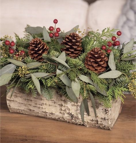 Yule Logs Centerpiece, Cemetery Arrangements, Log Centerpieces, Lodgepole Pine, Pinecone Centerpiece, Xmas Centerpieces, Winter Floral Arrangements, Bowl Decor, Christmas Log