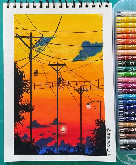 Easy Oilpastels Sunset Drawing. Follow For More Such Colourfull Pins😉 ----- #repost #drawing #acrylicpaint #kids #easy #painting #latest #printrest #art #artinspiration #design #craftsforkids #diycrafts #decoratingideas #interiordesign #sketches #designideas #artwork #artist #artdrawing #pencilart #justdraw #drawoftheday #followformore Natural Scenery Drawing With Oil Pastels, Oil Pastel Drawings Easy Scenery, Oil Pastel Scenery, Pastel Scenery, Sunset Drawing, Oil Pastel Drawings Easy, Scenery Paintings, Oil Pastel Drawings, Sketchbook Art