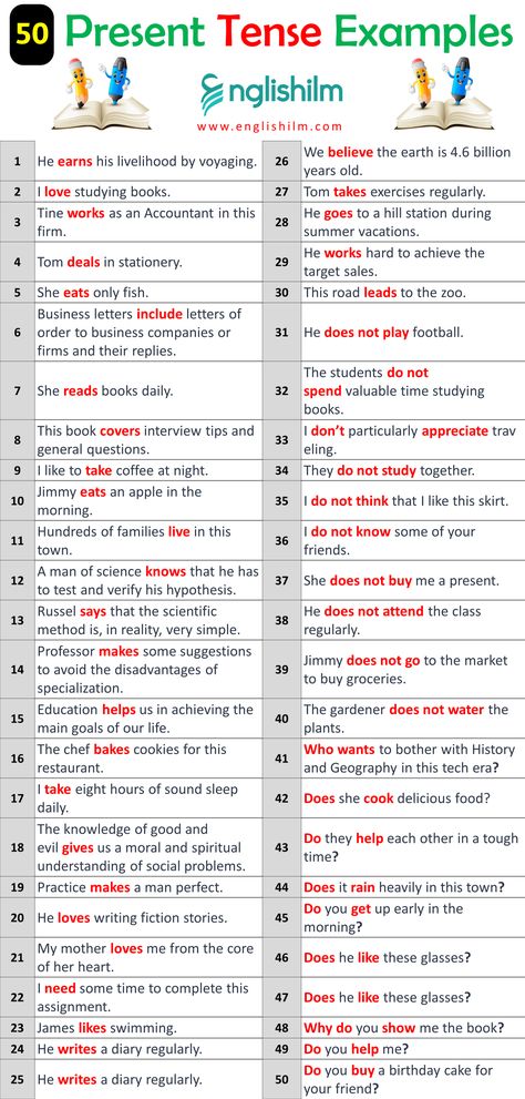 50 Example Sentences of Simple Present Tense • Englishilm Simple Present Tense Sentences, Present Tense Sentences, Example Of Simple Sentence, Interrogative Sentences, Pronoun Examples, Tense Worksheet, English Language Learning Activities, Study Snaps, Grammar Tenses