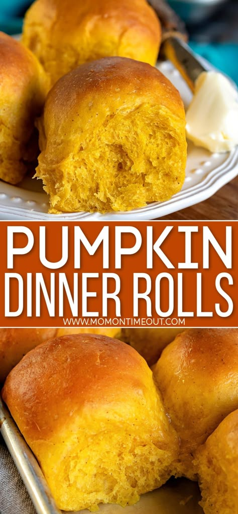 Pumpkin Dinner Rolls are light, fluffy, buttery, and bursting with pumpkin flavor! These easy homemade rolls are the perfect addition to your holiday feast and are made with just a handful of ingredients and are guaranteed to make your house smell amazing! // Mom On Timeout #dinnerrolls #rolls #pumpkin #baking #Thanksgiving #Christmas Pumpkin Dinner Rolls Recipe, Colorado Recipes, Easy Homemade Rolls, Pumpkin Dinner Rolls, Make Your House Smell Amazing, Pumpkin Dinner, Pumpkin Recipes Dinner, Pumpkin Chocolate Chip Bread, Homemade Rolls