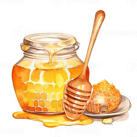 Watercolor honey jar with spoon. Illustration AI Generative Honey Watercolor, Honey Illustration, Jar Clipart, Bee Watercolor, Mushroom Clipart, Watercolor Clip Art, Handmade Ceramic Tiles, Watercolor Fruit, Organic Colors