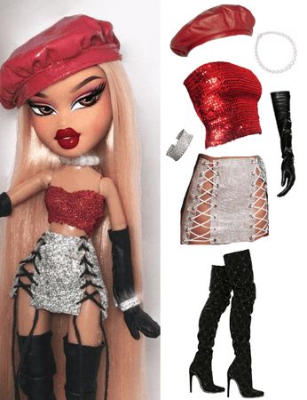 Brats Clothes Aesthetic, Bratz Dress Outfit, Chloe Bratz Doll Halloween Costume, Bratz Club Outfit, Red Bratz Outfit, Bratz Doll Outfits Halloween Yasmin, Bratz Inspo Outfit Yasmine, Brats Doll Inspired Outfits, Bratz Dolls Themed Party