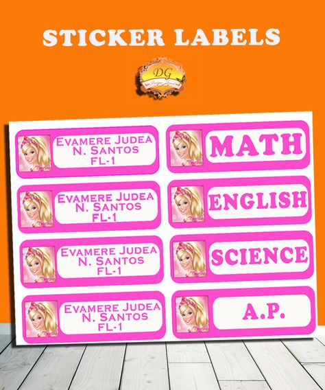 BARBIE STICKER LABELS :) BACK TO SCHOOL!! :)   Organize your child’s school supplies such as books and notebooks with stickers! Put your child's name and school/ class section. Customize ANY CHARACTER and ANY COLOR! <3     Send us a message on facebook DG Precious Touch for your inquiries :) Barbie Notebook Label, Barbie Name Tag, Barbie Notebook, School Labels Printables, Tag Template Free, Labels Printables, Notebook Labels, Name Tag For School, Name Tag Templates