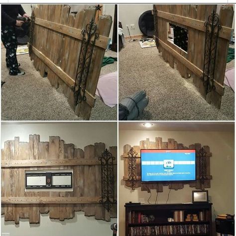 Wood fence TV mount Pallet Entertainment Centers, Wood Pallet Beds, Pallet Tv, Iron Fencing, Flex Seal, Tv Backdrop, Diy Entertainment, Tv Watching, Pallet Beds