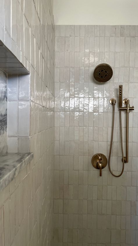 Zellige And Marble, 4x4 Tile Bathroom, Shower Zellige, Zelig Tile Bathroom, Marble Shower Surround, Zellige Shower Niche, Zellige Tile Shower Wall, Zellige Shower Tile, Marble Shower Niche