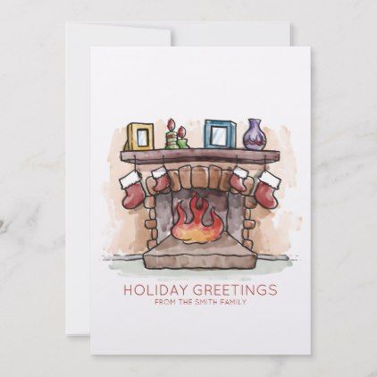 Watercolor Fireplace | Holiday Greetings - merry christmas diy xmas present gift idea family holidays Watercolor Fireplace, Holiday Party Invitation, Birthday Card Drawing, Newlywed Christmas, Merry Christmas Diy, Christmas Cards Zazzle, Homemade Christmas Cards, Watercolor Christmas Cards, Merry Christmas Greetings