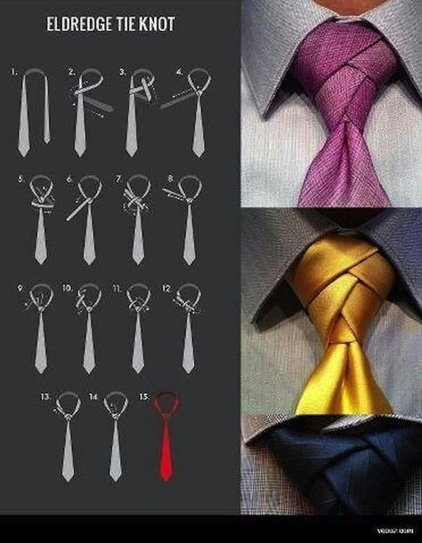 And if you really want to up the ante, try a super-fancy Eldredge tie knot. | 18 Helpful Diagrams To Solve All Your Clothing Woes Different Types Of Ties, Cool Tie Knots, Eldredge Knot, Simpul Dasi, Tie A Necktie, Types Of Ties, Neck Tie Knots, Cool Ties, Sharp Dressed Man