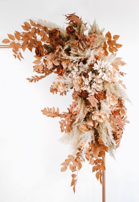 Dried Floral Arch, Pampas Arrangement, Burnt Orange Weddings, Rose Gold Decor, Dusty Rose Wedding, Boho Wedding Decorations, Orange Wedding, Floral Arch, Wedding Arrangements