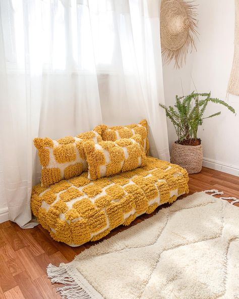 YELLOW FLOOR COUCH 💛 Discover our latest collection of Moroccan floor couches.. 100% handmade couches made of natural wool and colors ✨🌿 #moroccanrugs #moroccanrug #pouffe #moroccanstyle #floorseating #moroccanfloorcushion #moroccanfloorpouf #moroccanfloorpillow #handmadepouf #cosyseating #floorcushion #cushionset #cushioncovers #cushioncover #cushionshape #cushionseat #moroccanfloorcouch Reading Nook Floor, Corner Reading Nook, Moroccan Sofa, Floor Couch, Togo Sofa, Floor Sofa, Moroccan Floor, Floor Seating, Small Pillows