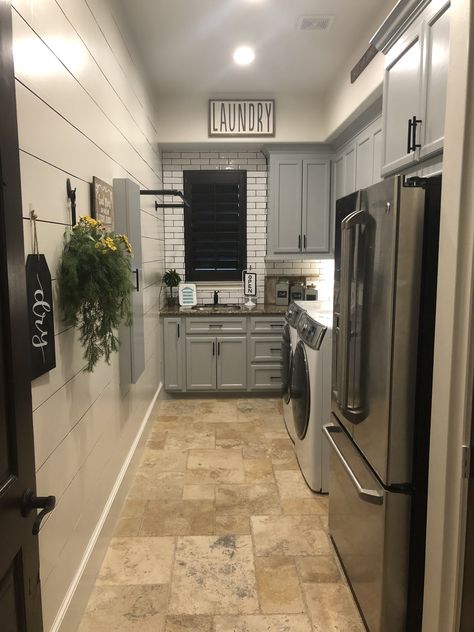 Laundry Room With Refrigerator Design, Laundry Room Between Kitchen And Garage, Pantry And Laundry Room Ideas, Laundry Room With Refrigerator Ideas, Long Narrow Laundry Room Makeover, Kitchenette Laundry Combo, Laundry Room Refrigerator, Laundry Room With Fridge Ideas, Upright Freezer In Laundry Room