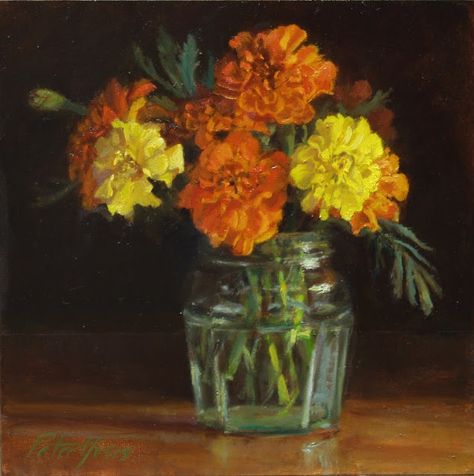 Oil Painting Still Life, Marigold Flower, Floral Oil Paintings, Floral Oil, Dahlia Flower, Daily Painting, Painting Still Life, Still Life Art, Flower Art Painting