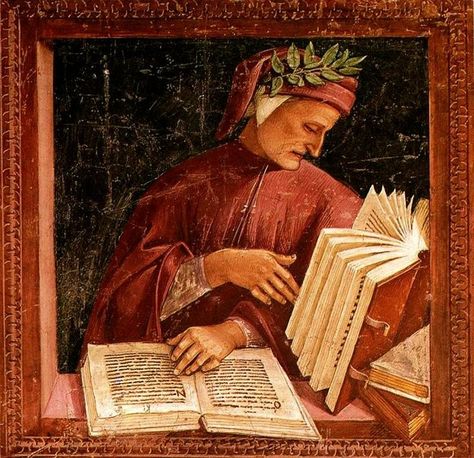 LUCA SIGNORELLI Retrato de Dante (1499) Capilla de San Bricio. Catedral de Orvieto. Medieval Literature, People Reading, National Poetry Month, Poetry Month, Dante Alighieri, Italian Language, Thomas Jefferson, Italian Art, Open Book