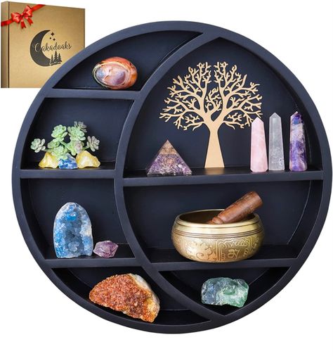 Shelf For Crystals, Crystal Display Shelf, Moon Shelf, Gothic Wall Decor, Hexagon Shelves, Crystal Shelves, Essential Oils Gifts, Golden Tree, Crystal Display