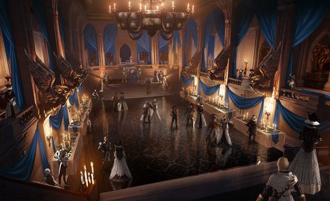 Ballroom Concept Art, Dnd Ballroom, Fantasy Wedding Art, Ballroom Art, Winter Kingdom, Palace Ballroom, Episode Backgrounds, Winter Palace, Dragon Age Inquisition