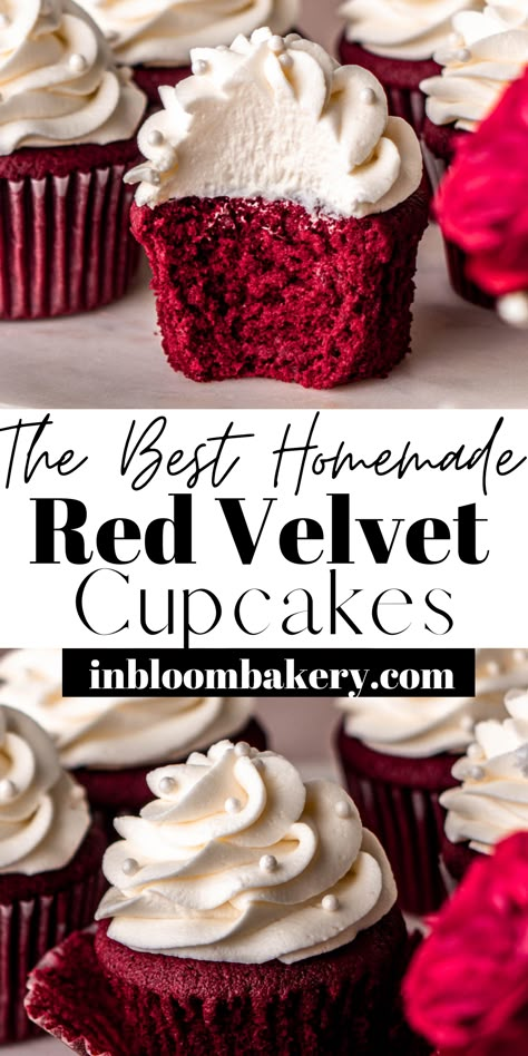 These are the best red velvet cupcakes! They're moist and delicious, with a hint of cocoa flavor, topped with silky-smooth, tangy cream cheese frosting. They're perfect for Valentine's Day, Christmas or any other special occasion! Homemade Red Velvet Cupcakes, Red Velvet Cupcakes Recipe, Cupcakes Red Velvet, Cupcake Cream, Red Velvet Cake Recipe, Velvet Cake Recipes, Whipped Frosting, Cupcakes With Cream Cheese Frosting, Duncan Hines