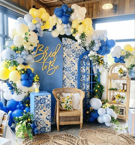 Amalfi Coast Theme Party 17 Lemon Bridal Shower Backdrop, Amalfi Coast Theme Party, Italian Engagement, Bachelorette Party Locations, Italian Bridal Showers, Summer Party Decor, Italian Theme, Bridal Shower Balloons, Bridal Shower Backdrop