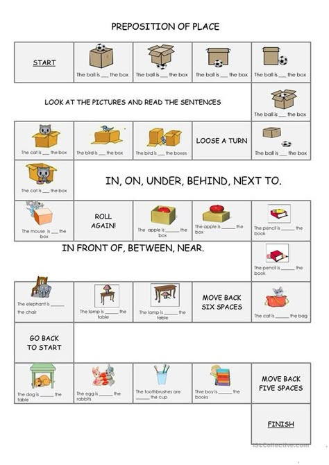 Free Preposition Printables, Esl Prepositions Of Place Worksheets, Preposition Activities Worksheets, English Game Worksheet, Place Prepositions Worksheet, Preposition Of Place Worksheet, Prepositions Game, Preposition Games, Games For Learning English