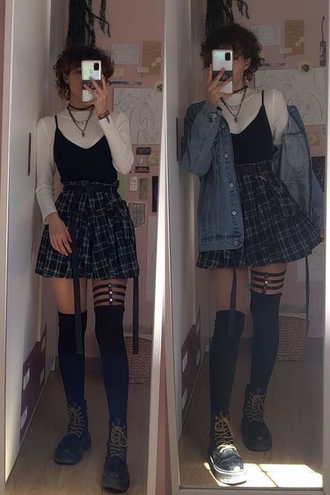 Casual E Girl Outfits, Alte Outfit Ideas, Aesthetics Dark Outfit, Thigh High Socks With Shorts, Egirl Casual Outfit, Astethic Winter Outfits, Alt Shein Outfits, Alt Skirt Outfits Aesthetic, Cute Alt Outfits For School