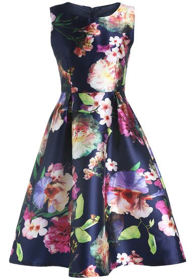 Navy Magaschoni Round Neck Watercolor Sleeveless Patterned Floral Flare Dress -SheIn(Sheinside) Mobile Site Floral Fashion, Printed Midi Dress, Modest Dresses, Women Dresses, Look Fashion, Pretty Dresses, Casual Dresses For Women, Flare Dress, Dresses Online