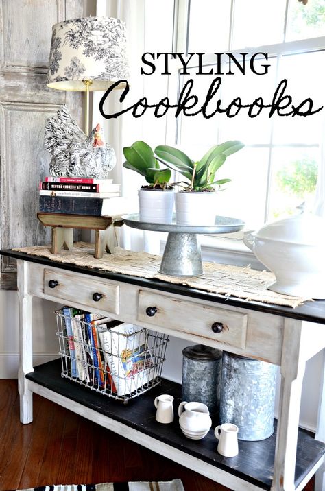 STYLING COOKBOOKS Cookbook Display, Kitchen Bookshelf, Cookbook Storage, Cookbook Shelf, Buffet Table Decor, Console Table Styling, Bookcase Styling, Kitchen Buffet, Diy Entryway