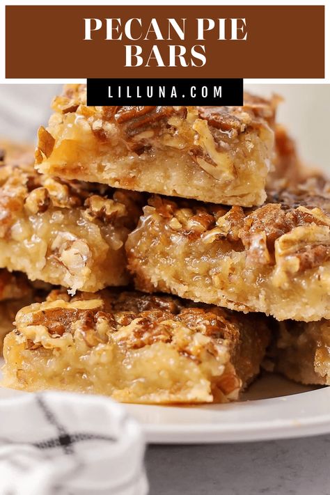 With a buttery shortbread crust and caramelized pecan filling, it's impossible not to love these sweet and nutty pecan pie bars!! #pecanpiebars #pecanpie #pecanbars #thanksgiving #pecan Pecan Pie Lasagna Recipe, Pecan Pie Bar Recipe, Pecan Thanksgiving Desserts, Pecan Pie Bars With Sugar Cookie Crust, Chopped Pecan Recipes, Best Pecan Pie Bars, Pie With Pecan Crust, Bars For A Crowd Easy, Pecan Bars Recipe Easy