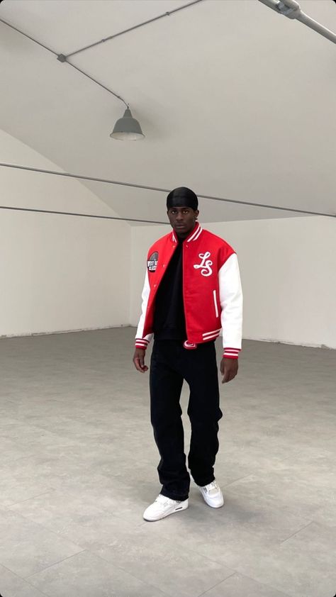 Varsity Jacket Poses Men, Red And Black Outfits Men Street Styles, Red Varsity Jacket Outfit Men, Men Valentines Day Outfit, Red Varsity Jacket Outfit, Red Outfits Men, Black White Red Outfit, Red Outfit Men, Bred Outfits