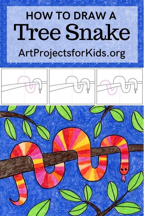 Learn how to draw a Tree Snake with this fun and easy art project for kids. Simple step by step tutorial available. #howtodraw #artprojectsforkids #treesnake Tree Snake, Draw A Tree, Art Project For Kids, Snake Drawing, Art Projects For Teens, Art Projects For Adults, Toddler Art Projects, 3rd Grade Art, Snake Art