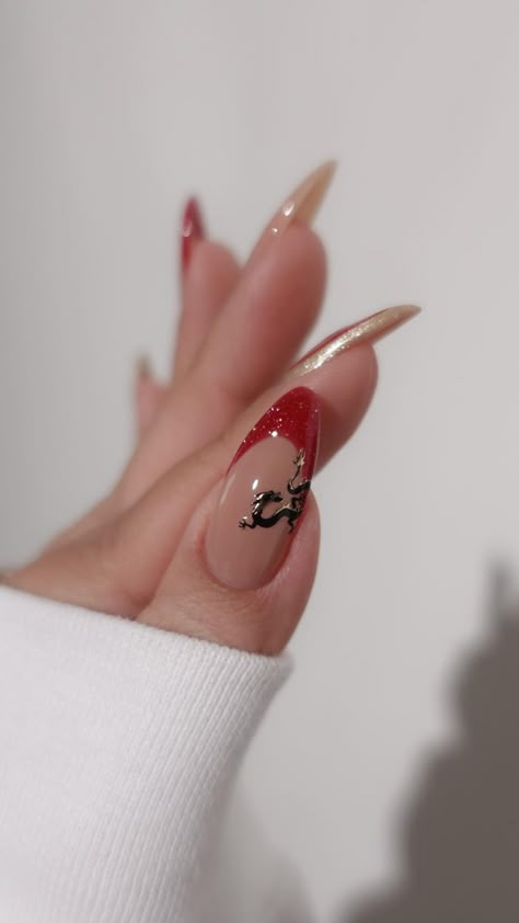 17 Lunar New Year Nail Ideas to Welcome the Year of the Dragon Red With Gold Tips Nails, 2025 Snake Year Nails, Chinese New Year Snake Nail Design, Lunar New Year Valentines Nails, Luna New Year Nails 2025, Chinese Wedding Nails For Bride, Year Of The Snake Nail Design, Simple Cny Nails, Year Of The Snake 2025 Nails