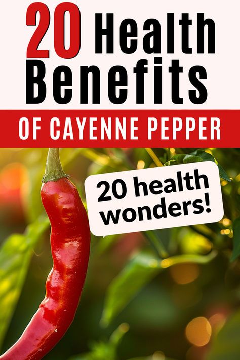 Cayenne pepper pods- text reads 20 health benefits of cayenne pepper, 20 health wonders. Pepper Health Benefits, Benefits Of Cayenne Pepper, Cayenne Pepper Recipes, Cayenne Pepper Benefits, Pepper Benefits, Juice Shot, Throat Relief, Sore Throat Relief, Pepper Recipes