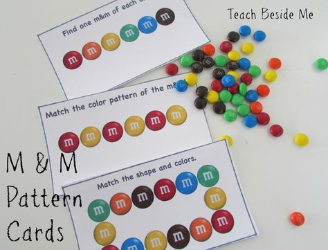 M & M Math Pattern Cards - Teach Beside Me: play with M & M’s making patterns, adding and subtracting by eating them! Give your kids a handful of M & M’s and read it with them- they will just love it! The Measured Mom, Measured Mom, Pattern Cards, Math Patterns, Math Activities For Kids, Pattern Activities, M And M, Prek Math, Early Math