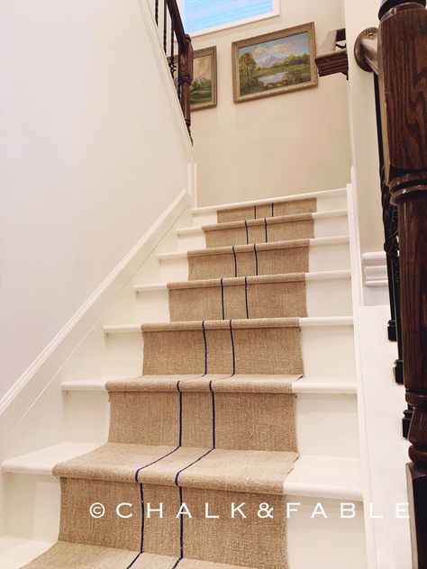 Painted Runner On Stairs, Painted Stairs Carpet Runner, Striped Runner Stairs, Jute Rug Stair Runner, Grain Sack Stair Runner, Cottage Stair Runner, Farmhouse Stairs With Runner, Hessian Stair Runner, Runners For Hallways Rugs