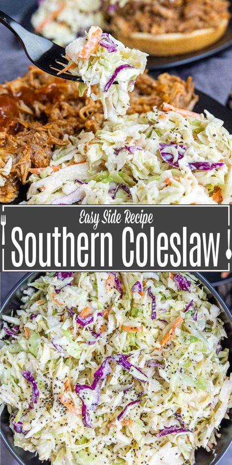 This traditional Southern coleslaw recipe is a sweet and tangy, creamy coleslaw that is sure to be the hit of your next backyard BBQ or 4th of July party! Southern coleslaw is traditionally a sweet coleslaw with sugar added to the dressing. We add vinegar and lemon juice help to balance sweetness with a lovely tang.  It’s all whisked together with mayo to make the perfect creamy coleslaw. Southern Style Side Dishes, Coleslaw For Brisket, Coleslaw Recipe For Brisket, Summer Southern Food, Raising Canes Coleslaw Recipe, Southern Bbq Menu Ideas, Texas Coleslaw Recipe, Southern Bbq Side Dishes, Bbq Coleslaw Recipe